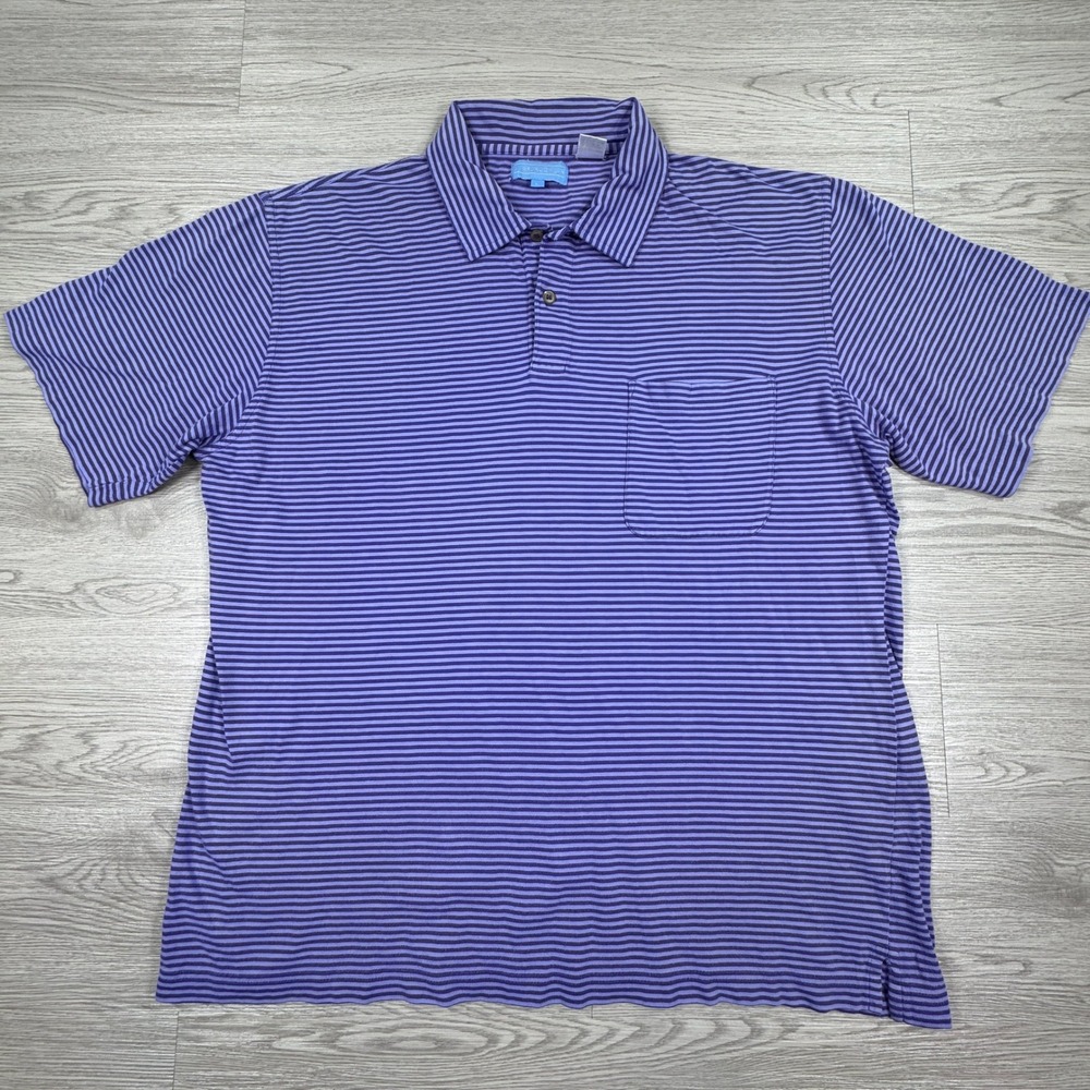 J. McLaughlin Men's Polo Shirt Striped Purple Blue Large Short Sleeve Pocket